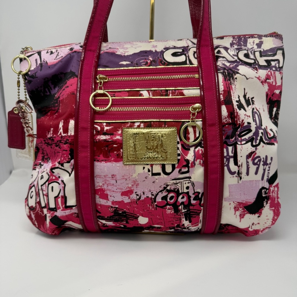 Coach Poppy Graffiti Tote Bag Pink Red Canvas Leather Trim Large Shoulder Bag - Picture 14 of 16